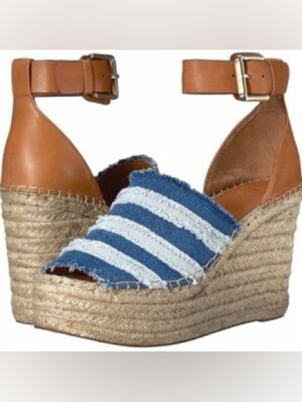 Marc Fisher Blue and White Striped Espadrille Wedge with Tan Ankle Strap